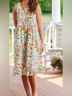 Floral Cotton Nightgown — White with Pink & Blue Flowers